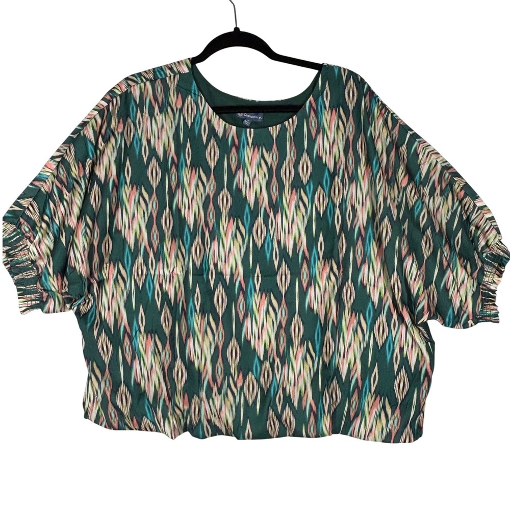 Democracy Green Blurred Diamond Pattern Short-Sleeved Blouse Women's Size 1X NWT